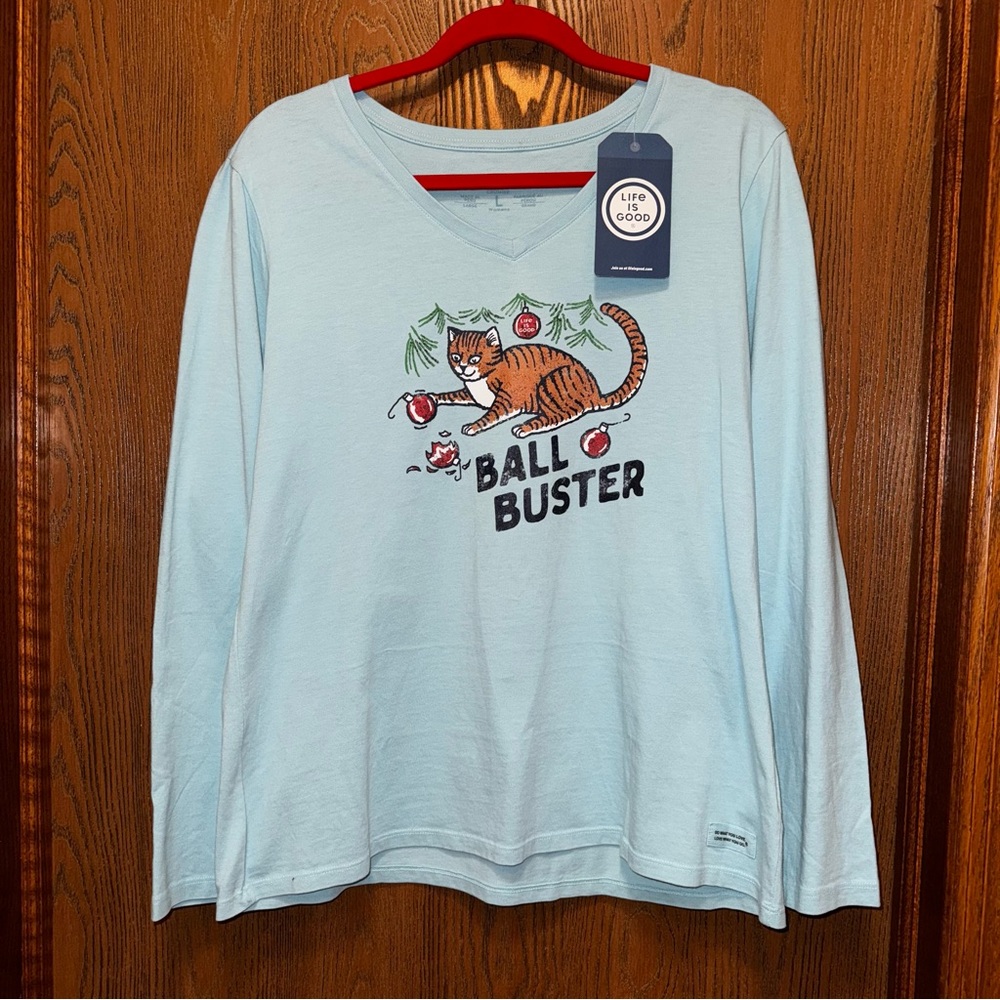 Life Is Good L Long Sleeve V Crusher Tee Women’s light Blue Ball Buster Cat NWT